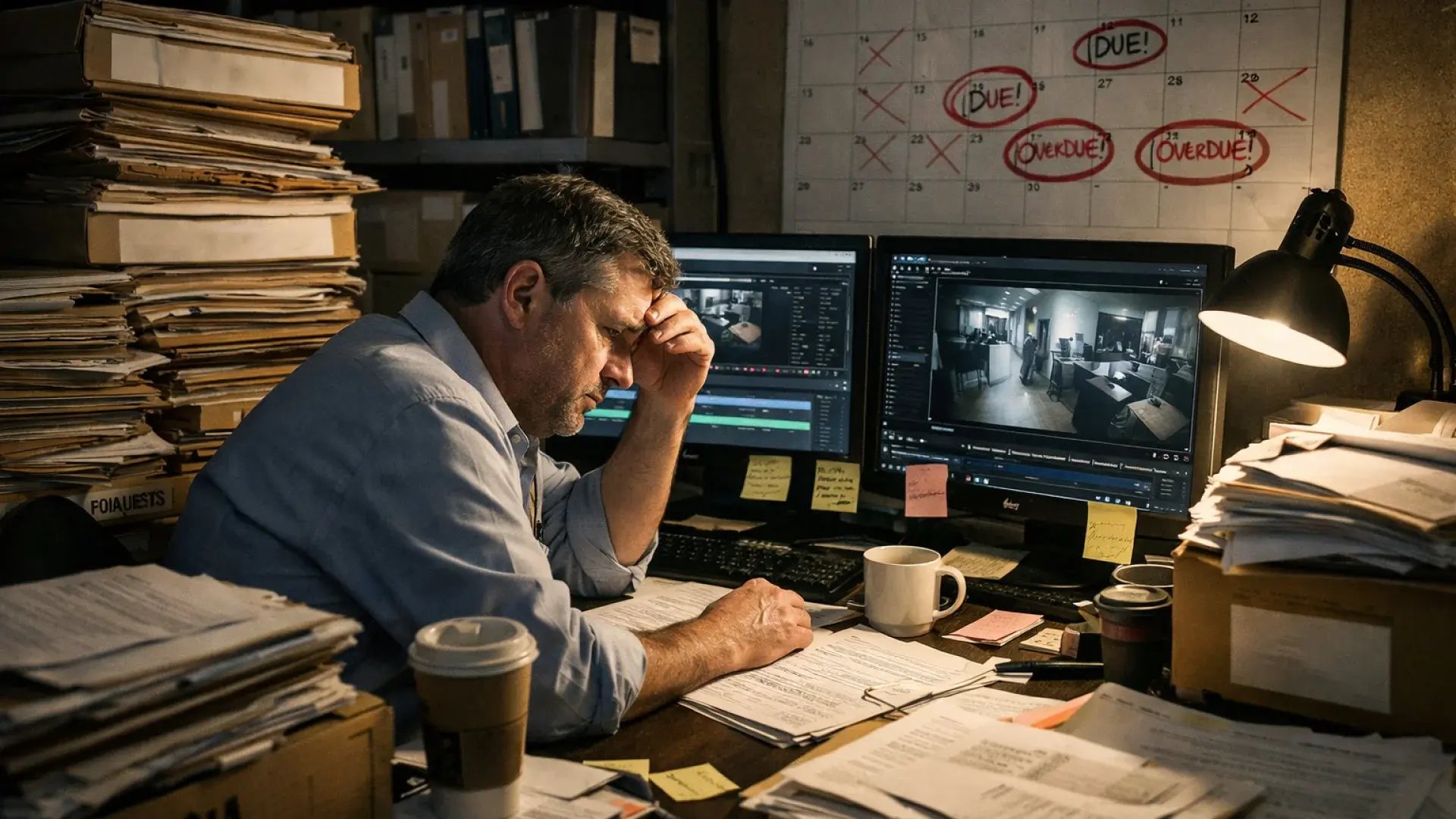 Overwhelmed records specialist at desk surrounded by FOIA request paperwork and multiple monitors