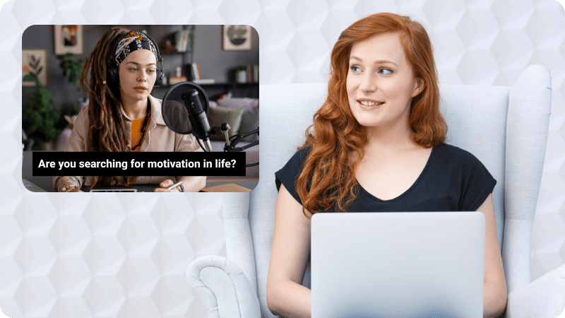 A woman watching a video on her video with closed captions (CC) on.