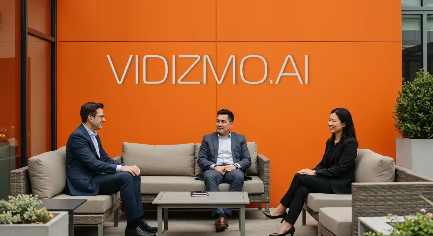 Three people sitting in a waiting area of an office space with VIDIZMO AI logo placed on the wall.