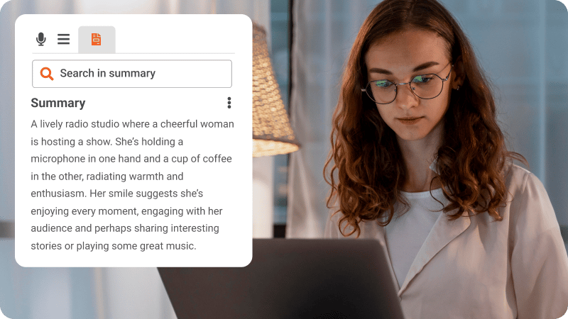 A woman in glasses reading the AI-generated summary of a video.