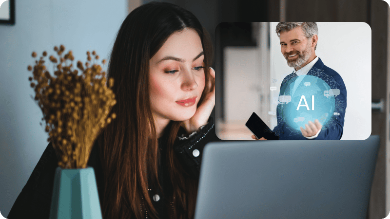 A woman watching a video about AI.