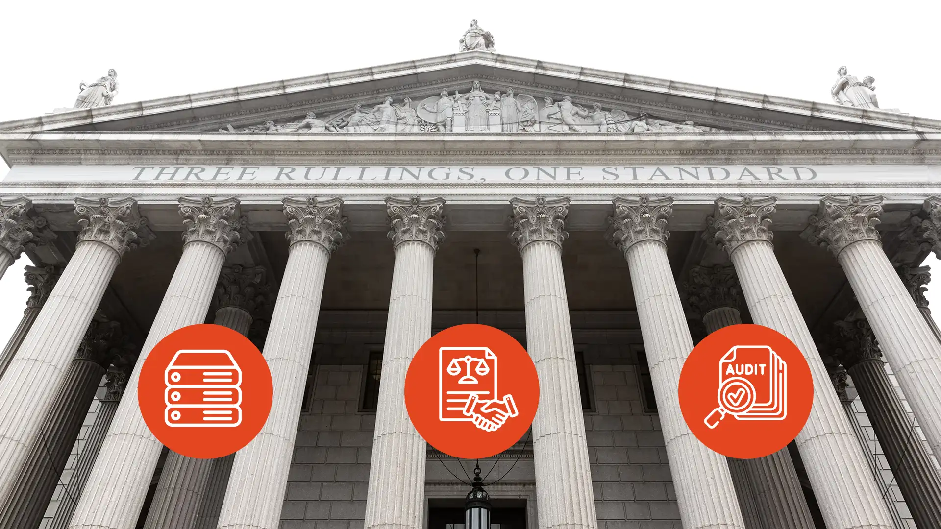 Government building with tall columns and the inscription “Three Rulings, One Standard,” overlaid with icons for data, compliance, and audit.