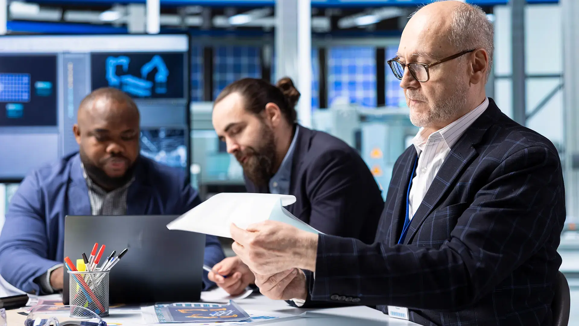Three professionals reviewing documents and working together in a modern office.