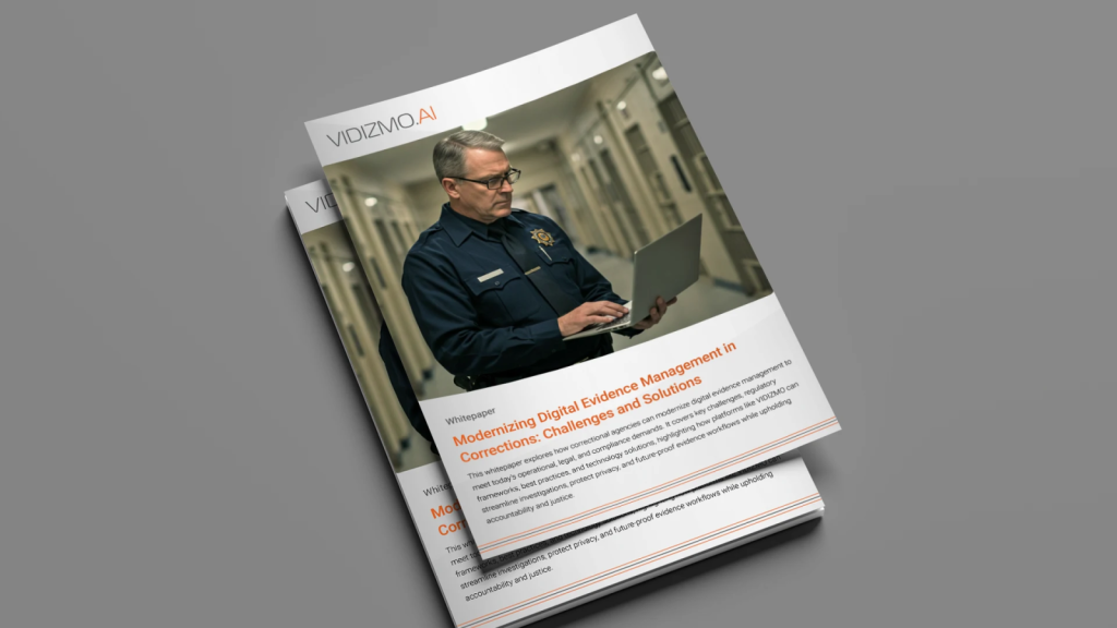 whitepaper cover on digital evidence management in corrections showing a warden reviewing digital evidence
