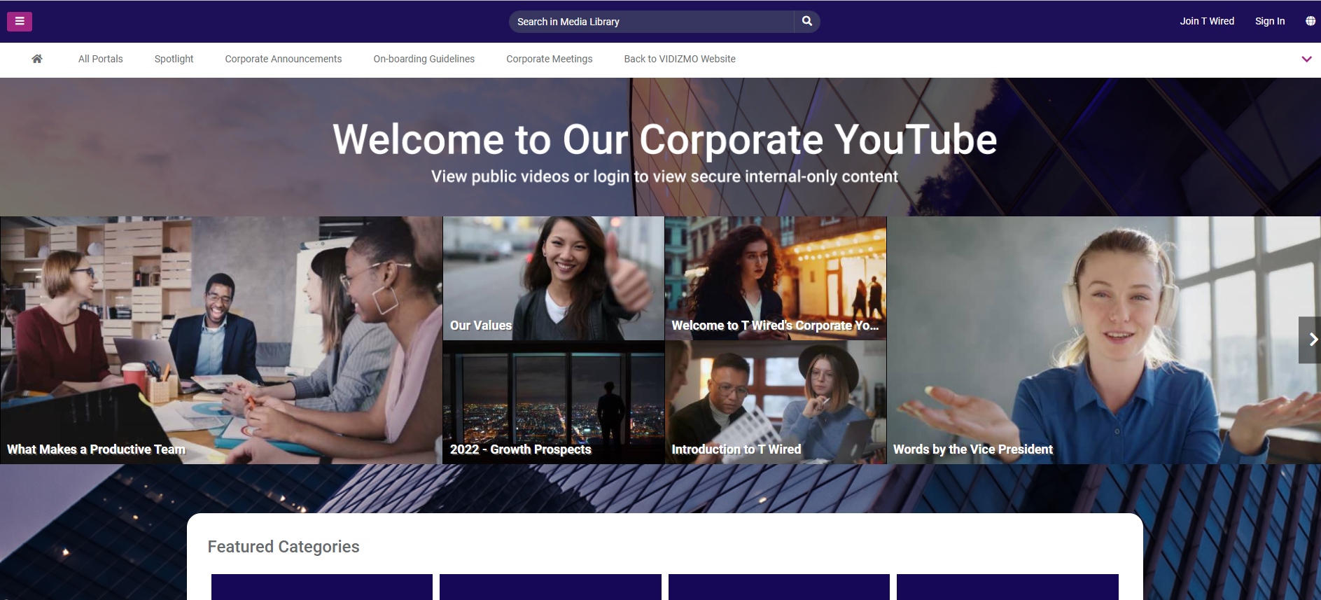 A screenshot of a white-labelled video portal branded using VIDIZMO