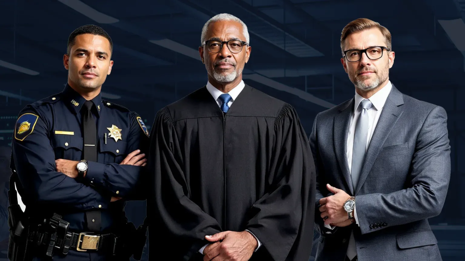 Police chief, judge, and attorney representing law enforcement and legal professionals