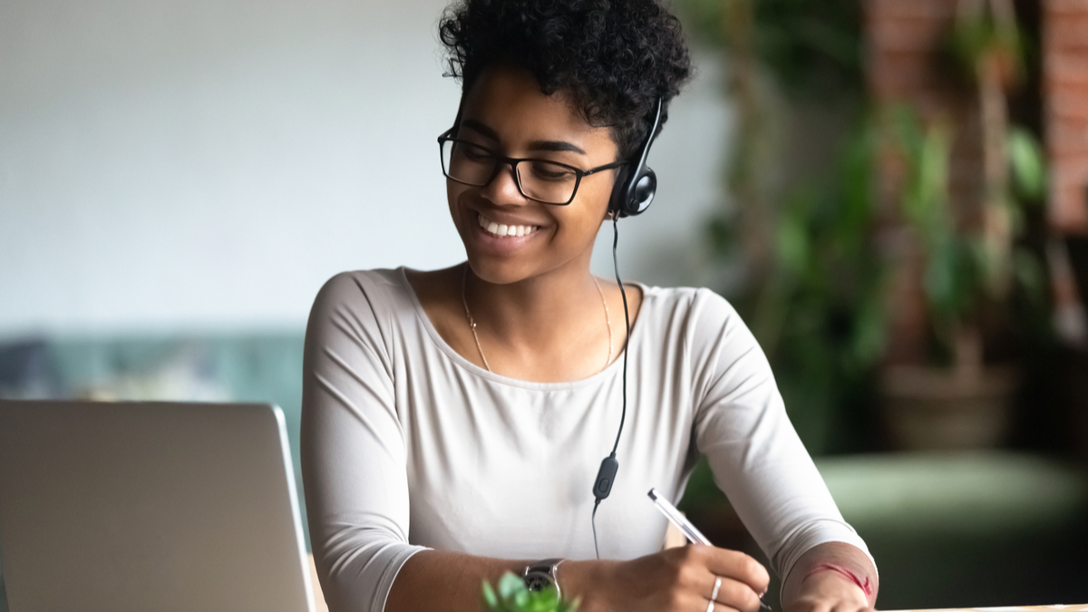 Employee engaged in an interactive training video