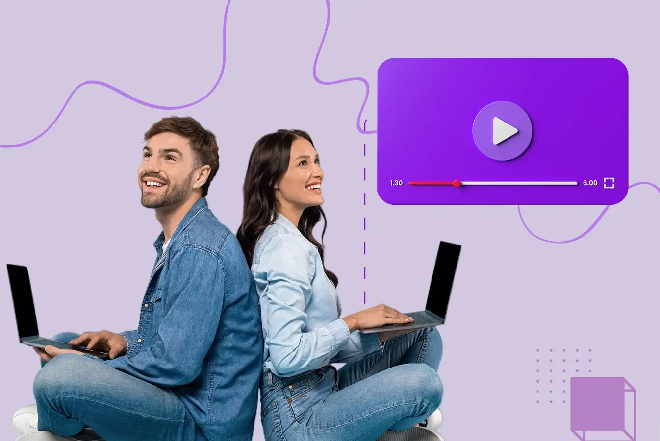 A man and a woman sitting back-to-back with laptops, engaged in video-based training using a Video CMS platform. The image highlights the flexibility of video content for both personal and professional learning