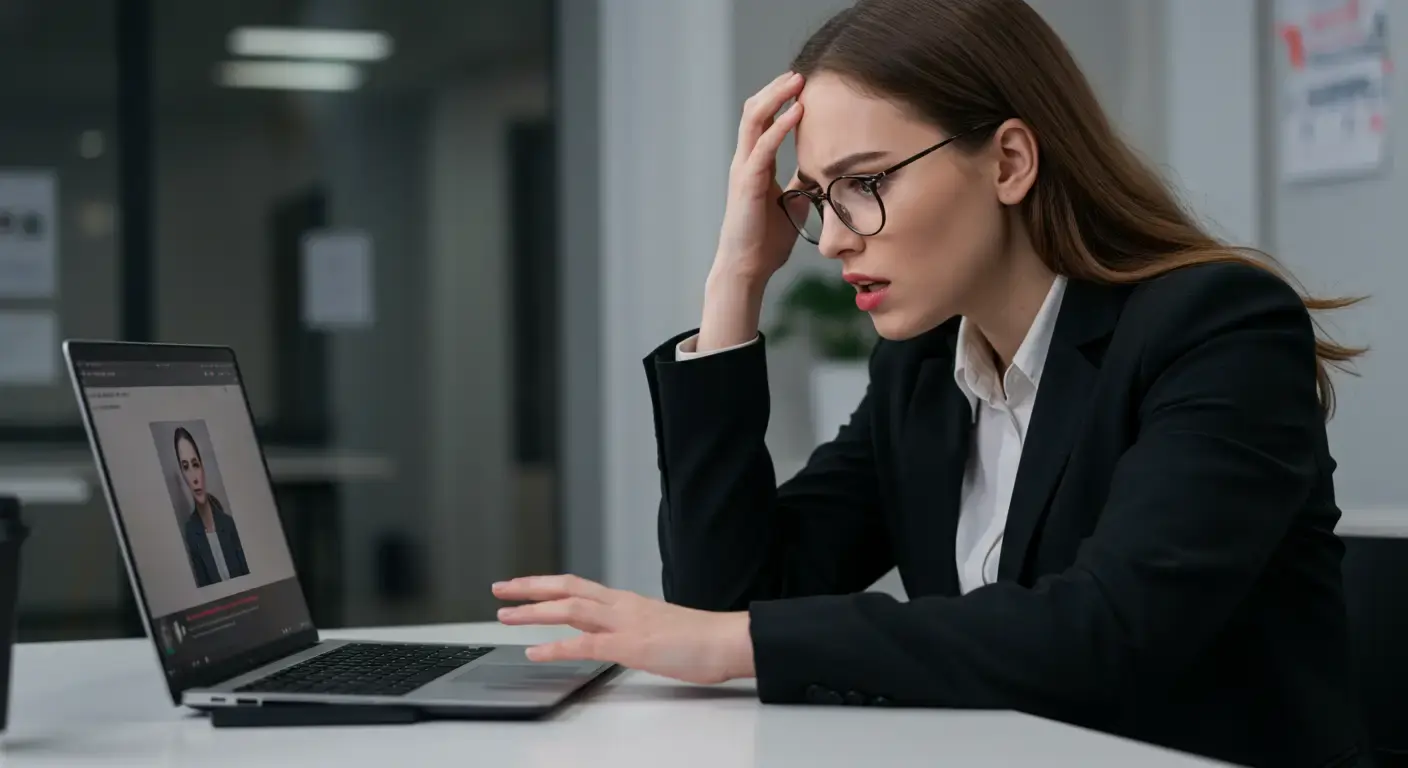 A young female employee looks frustrated at her laptop screen, which displays a buffering video.