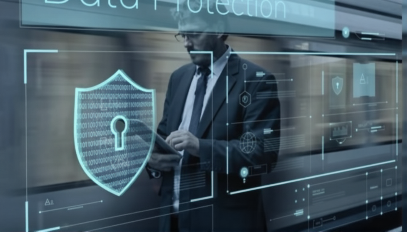 A person using a smartphone along with images of privacy shield and a subway train.