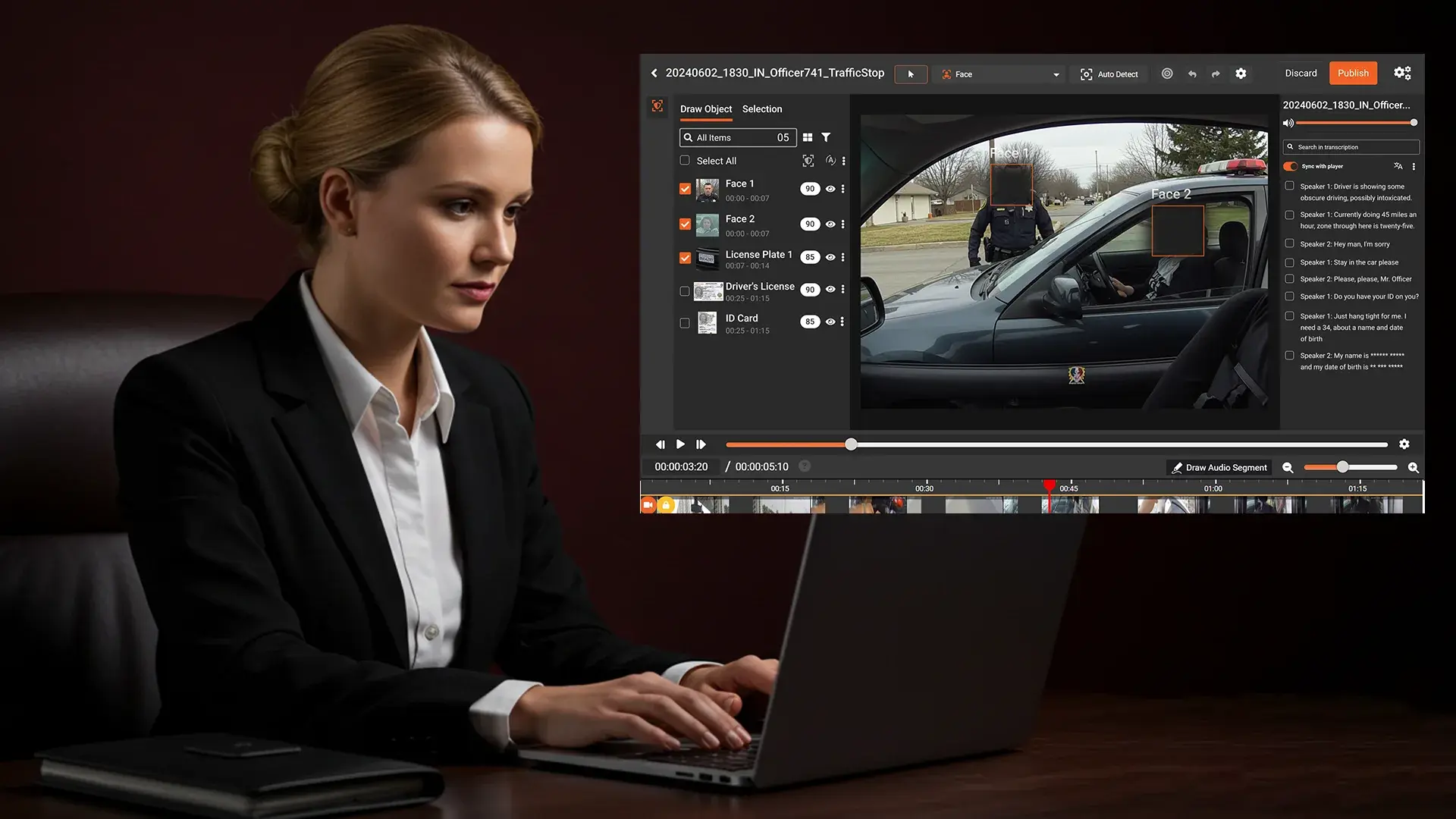 A window view of a vehicle showing two officers with one officer's face redacted by a black box.