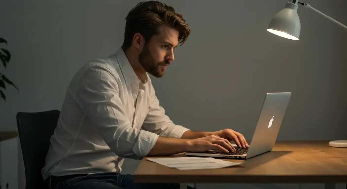 A brown-haired person working on his laptop tapping his keyboard.