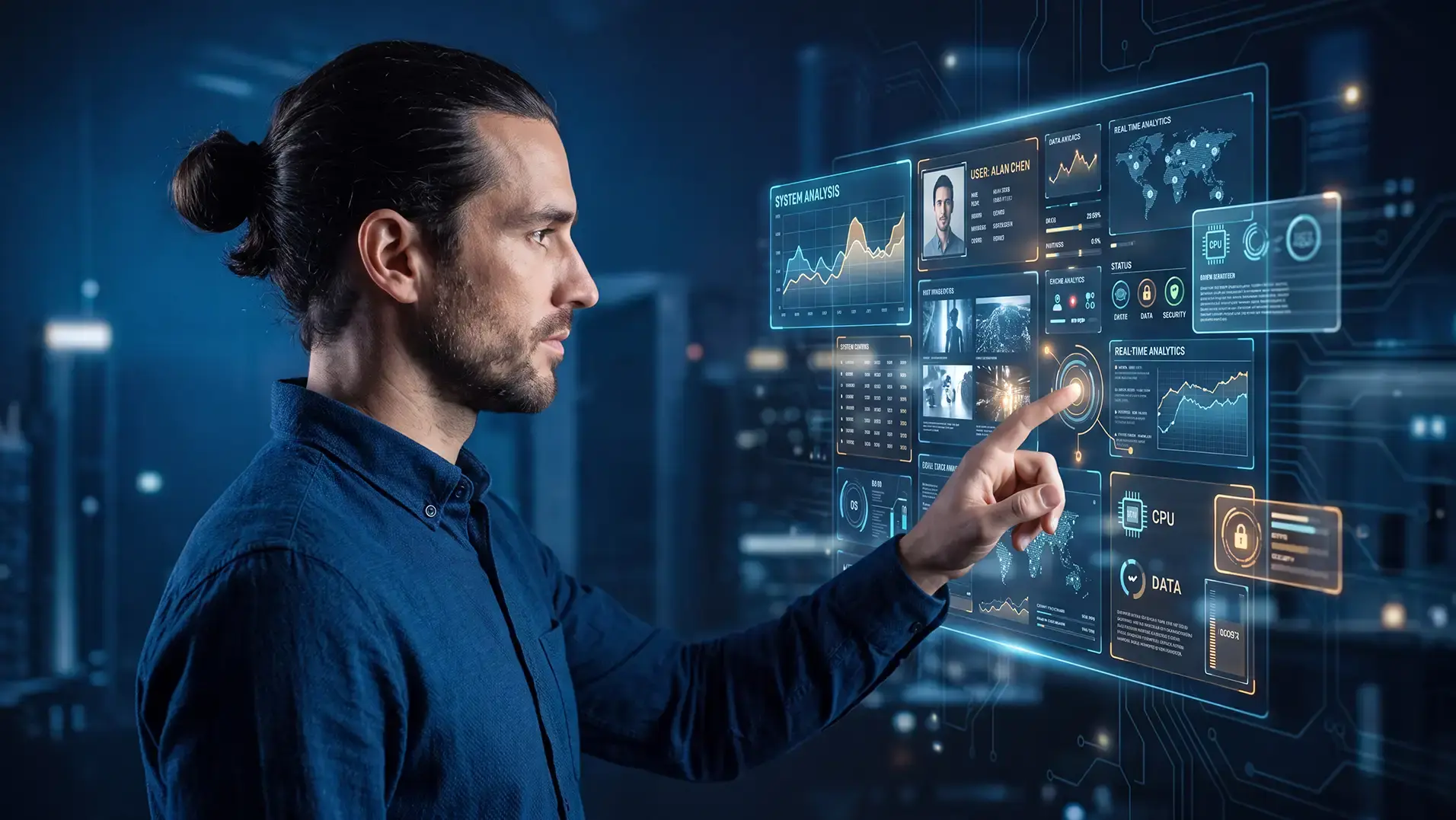 A businessman using AI for multiple functions