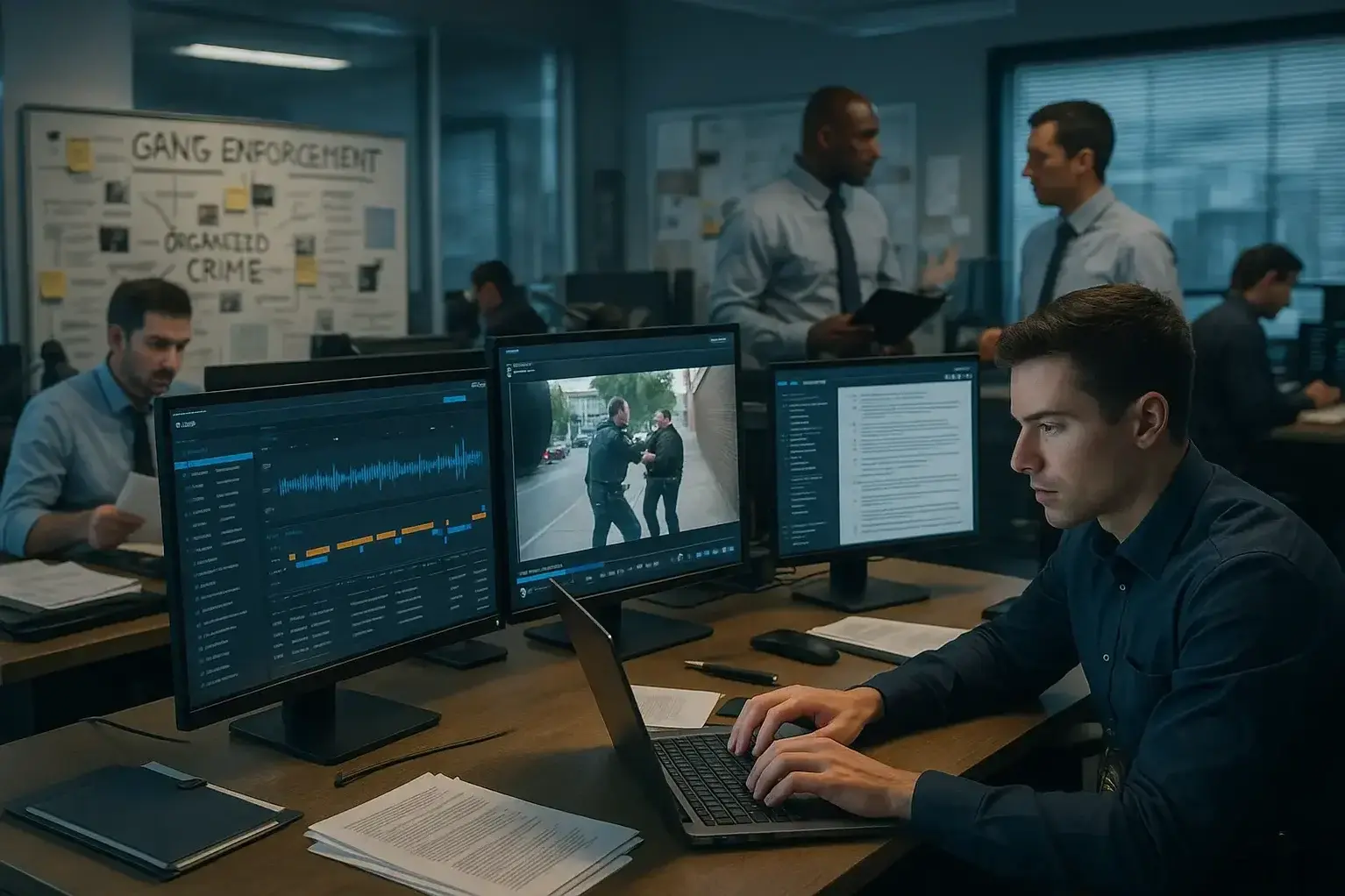 police officer is using a video redaction software