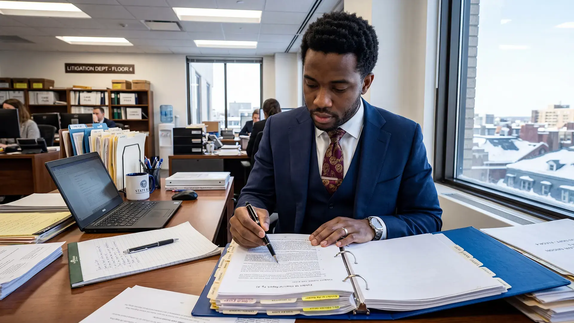 Prosecutor reviewing case documents in a binder at his desk in a litigation department office