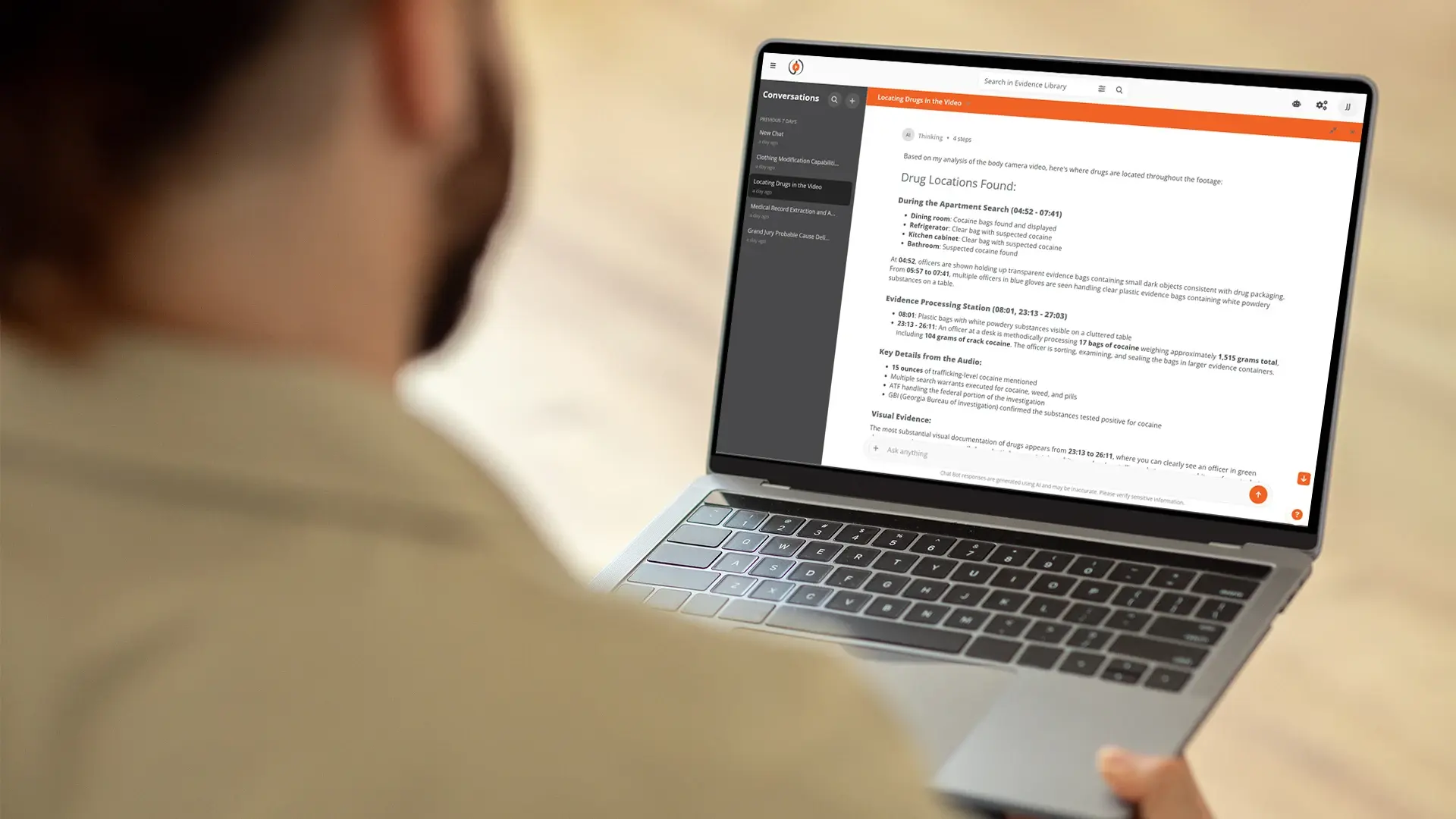 A person using AI Intelligence Hub for analysis of interview and interrogration.