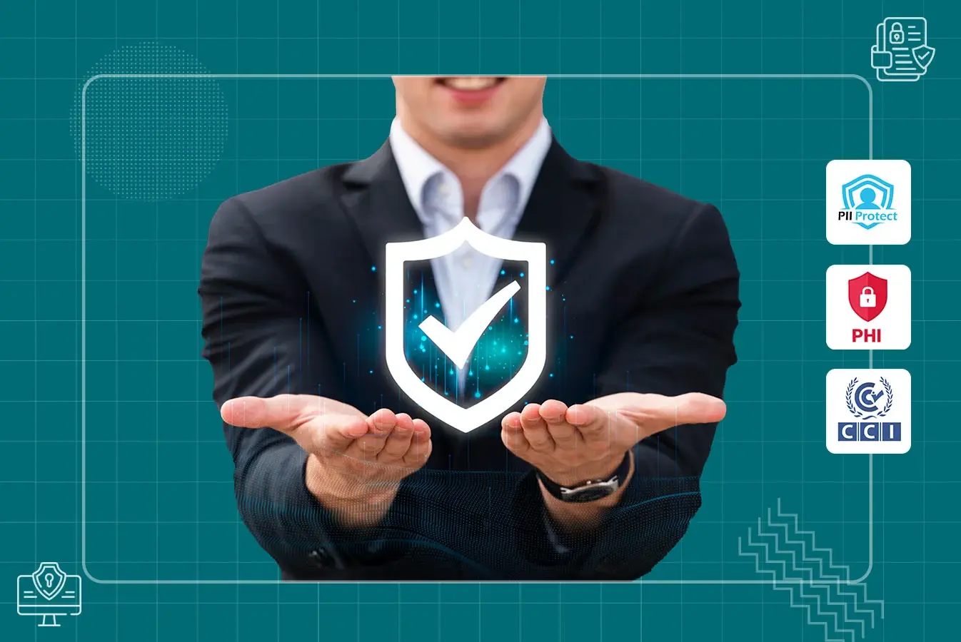 A man in a suit holds a glowing shield with a check mark inside it. Icons on the side depict data protection and security concepts