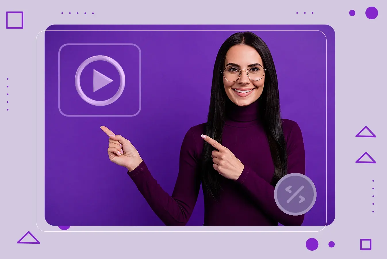 A woman pointing towards the video play option 