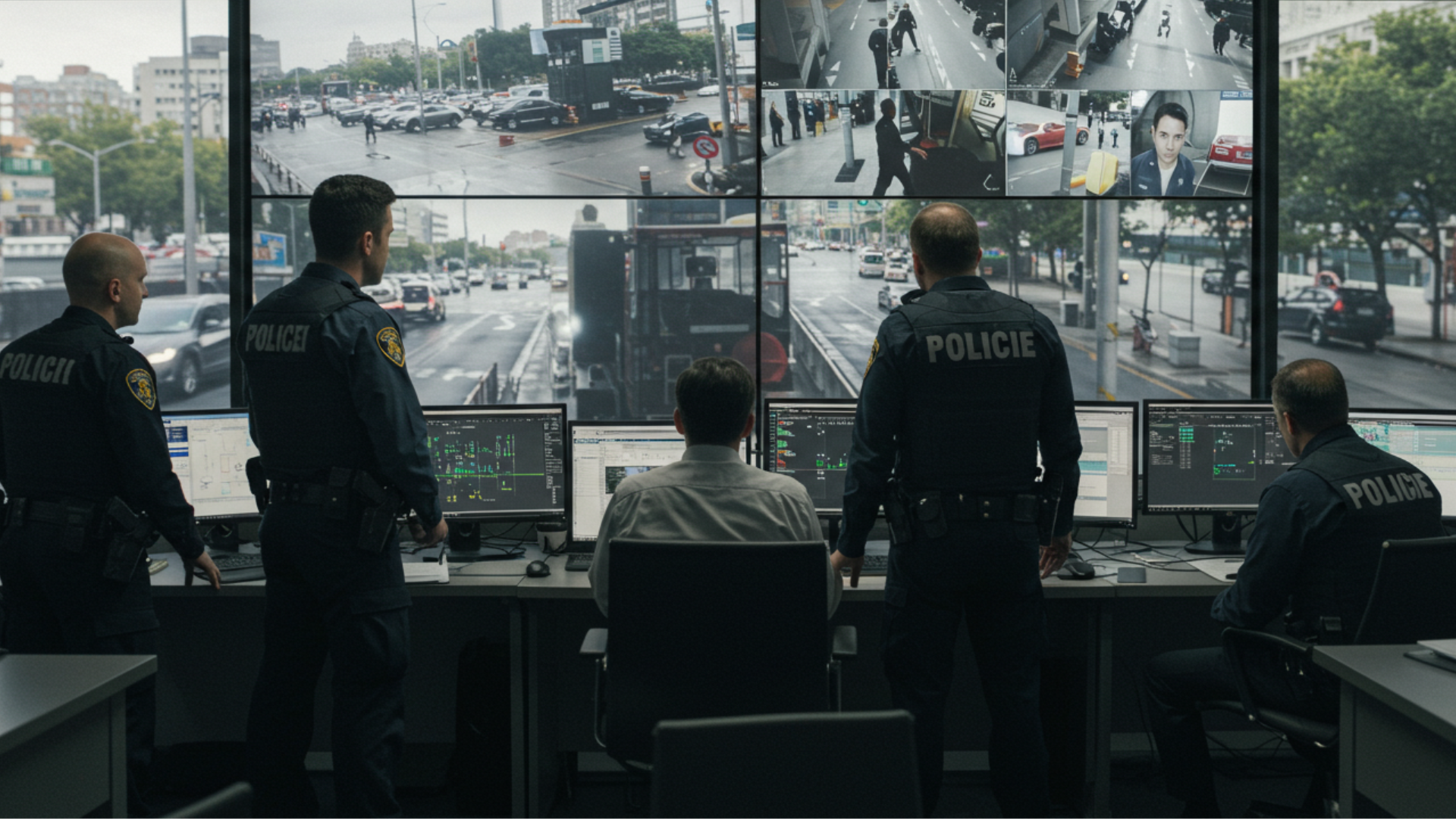 Law enforcement professionals in a control room