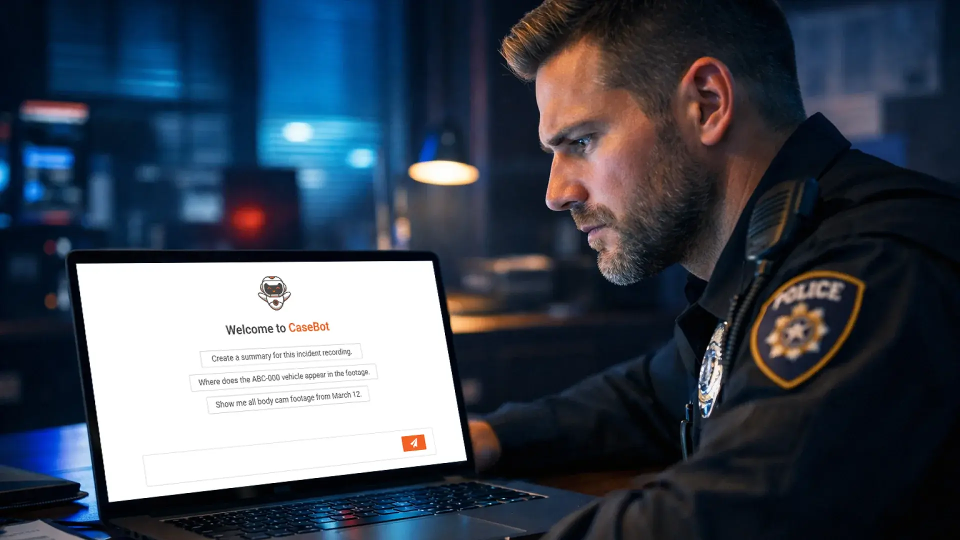 A police officer using VIDIZMO DEMS CaseBot 