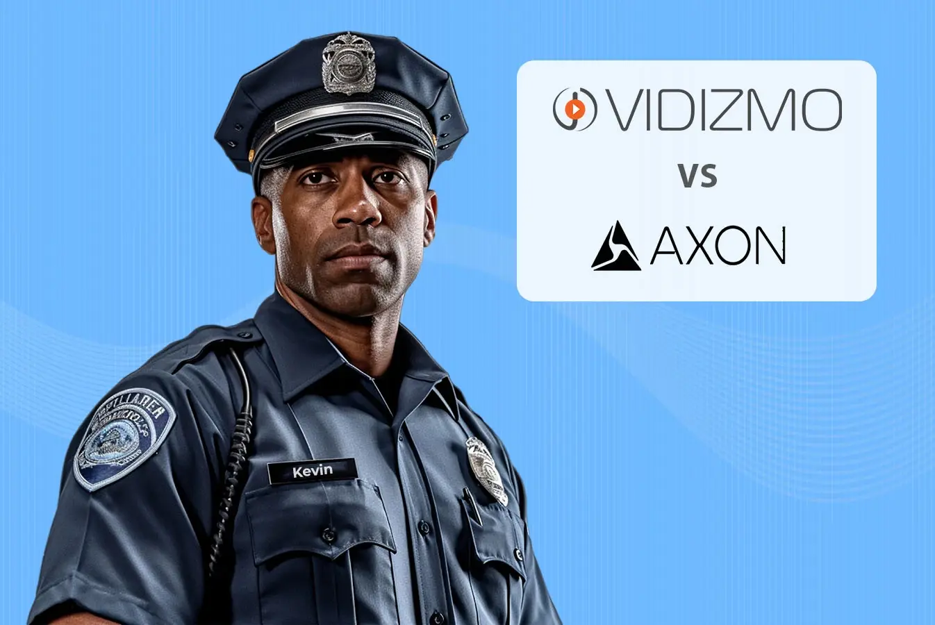 A police officer standing beside the logo of VIDIZMO and Axon