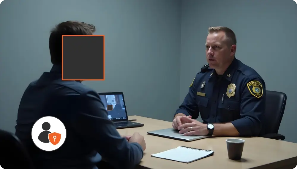 a police officer in uniform engaging in a conversation with a civilian, who is sitting with their back to the camera. The civilian's identity is redacted for privacy.