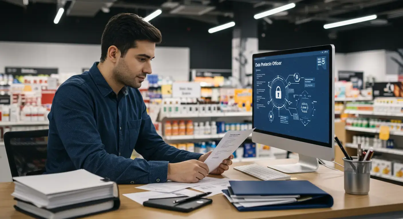 A Data Protection Officer reviewing DSAR requests on a computer in a retail setting, with a focus on cybersecurity and compliance.