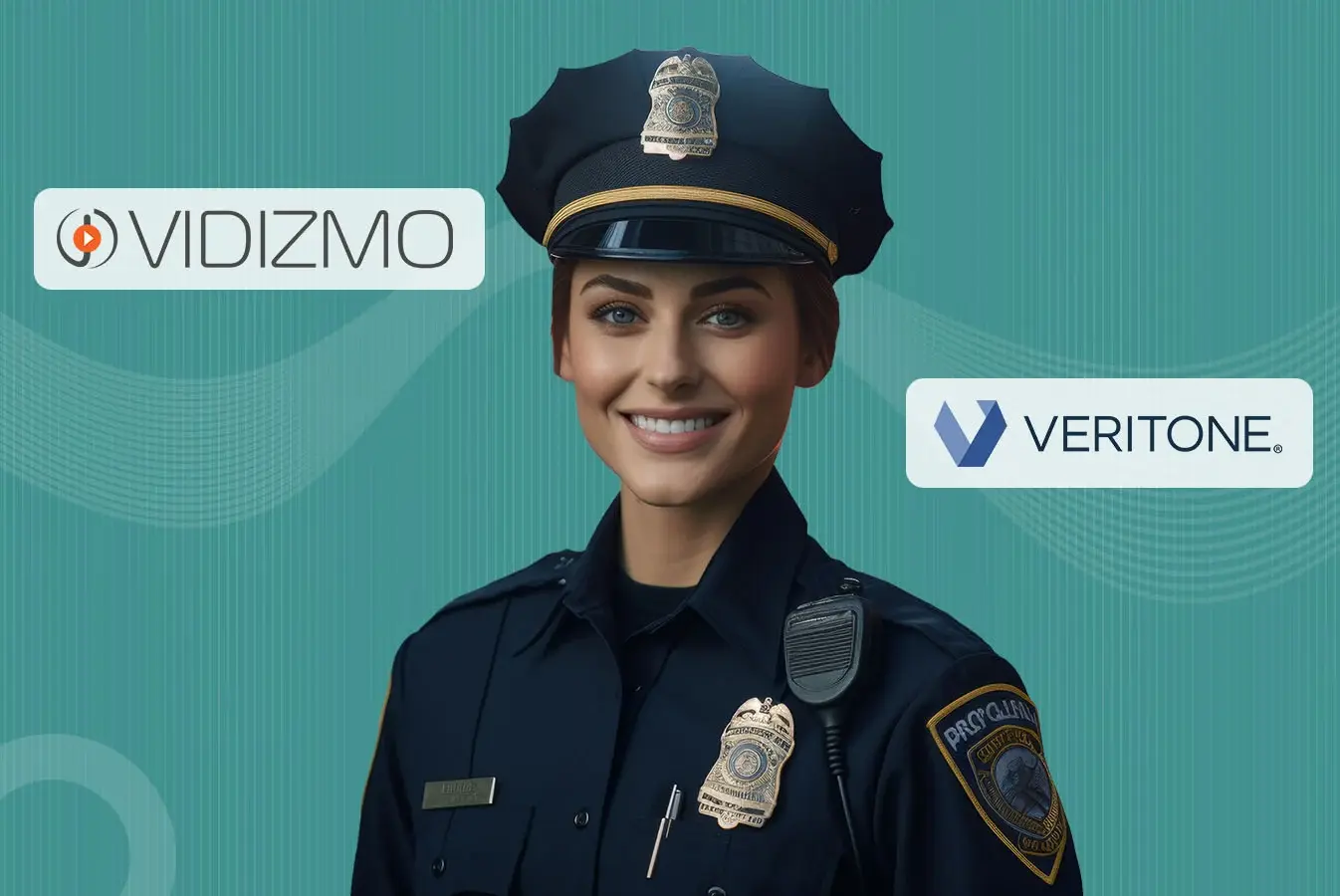 A police officer standing between VIDIZMO and Veritone logo