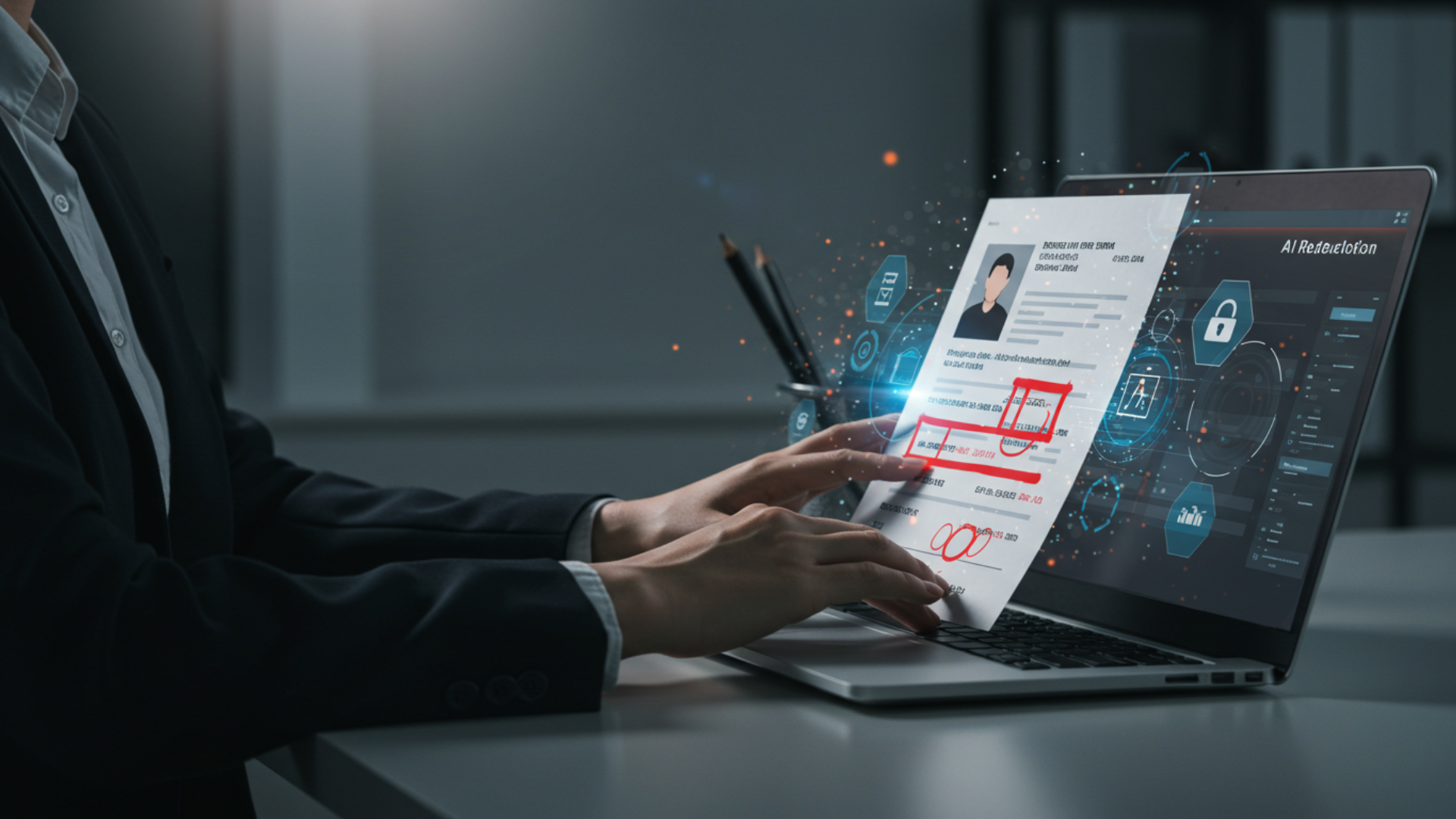 Professional using AI redaction software to protect sensitive information from a document on a laptop.
