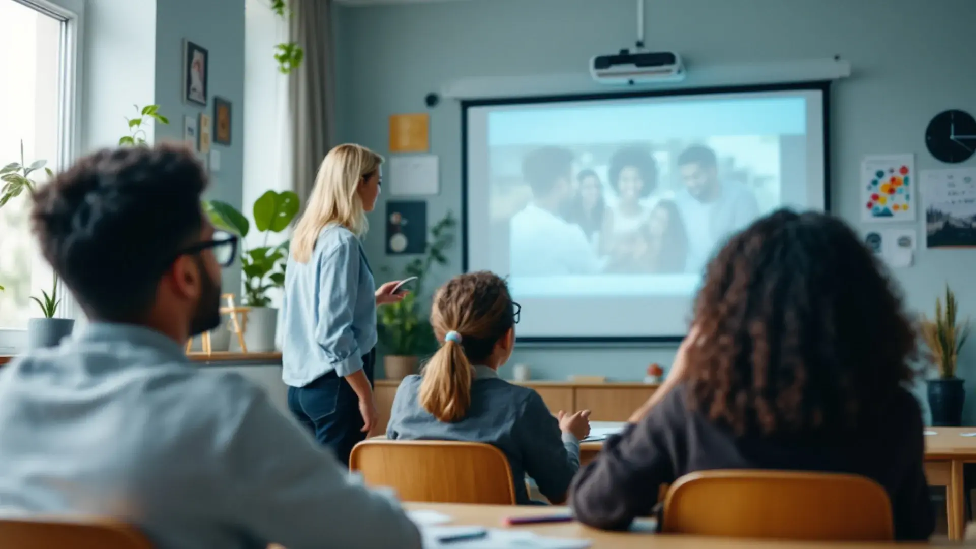 A teacher using a projector to present a video in a modern classroom setting.