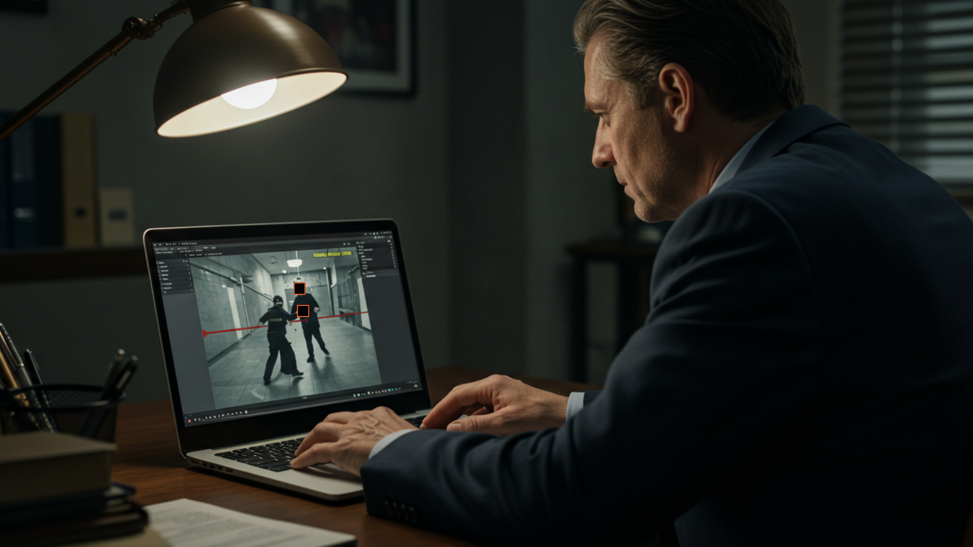 Attorney redacting legal evidence using AI-powered software on a laptop to review and secure sensitive courtroom footage.