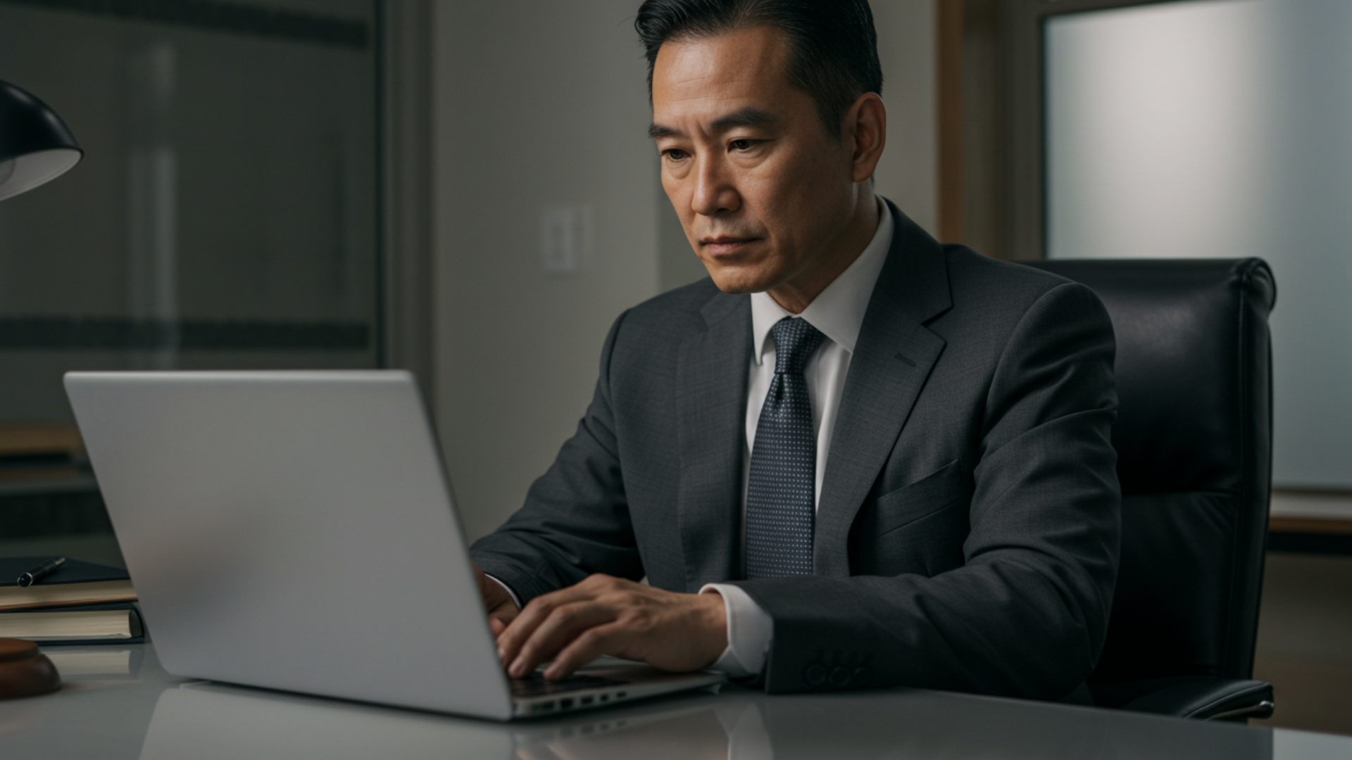 A serious-looking lawyer in a dark suit working on a laptop in a modern office, focused on legal hold using legal digital evidence management solution.