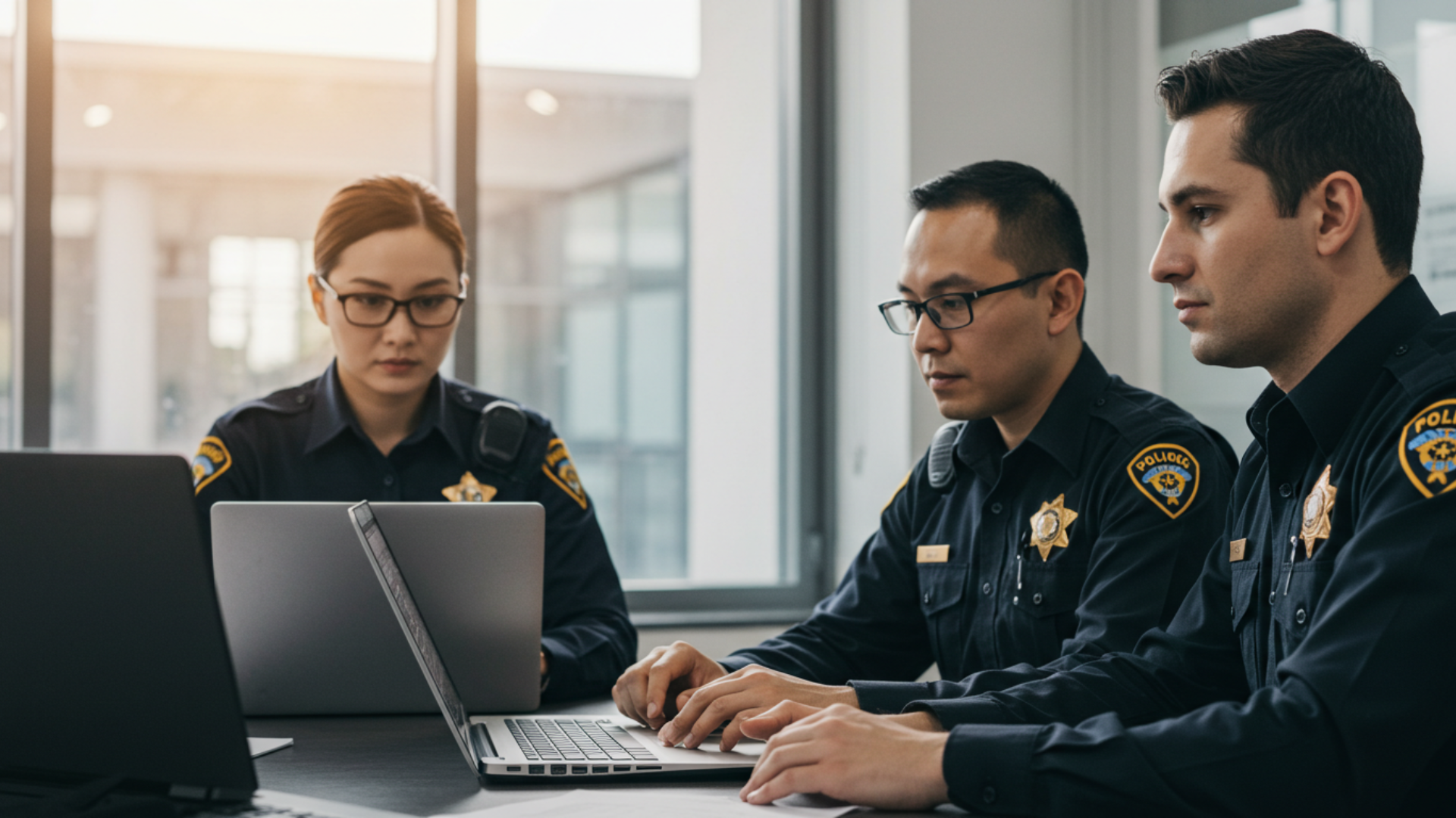 Police officers analyzing case files on laptops, utilizing a digital evidence management system for secure investigation handling.