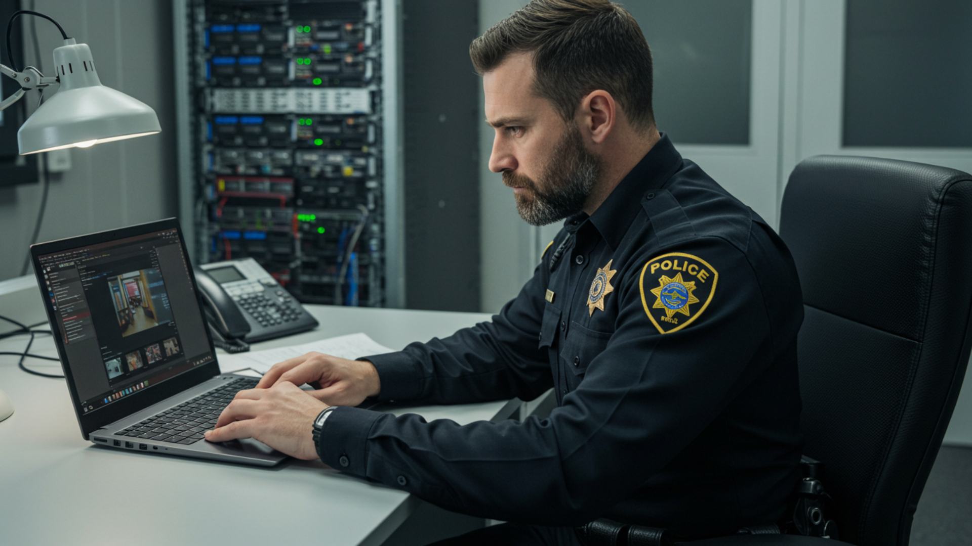 Police officer using digital evidence management system on a laptop in a secure server room, showcasing flexible deployment options.