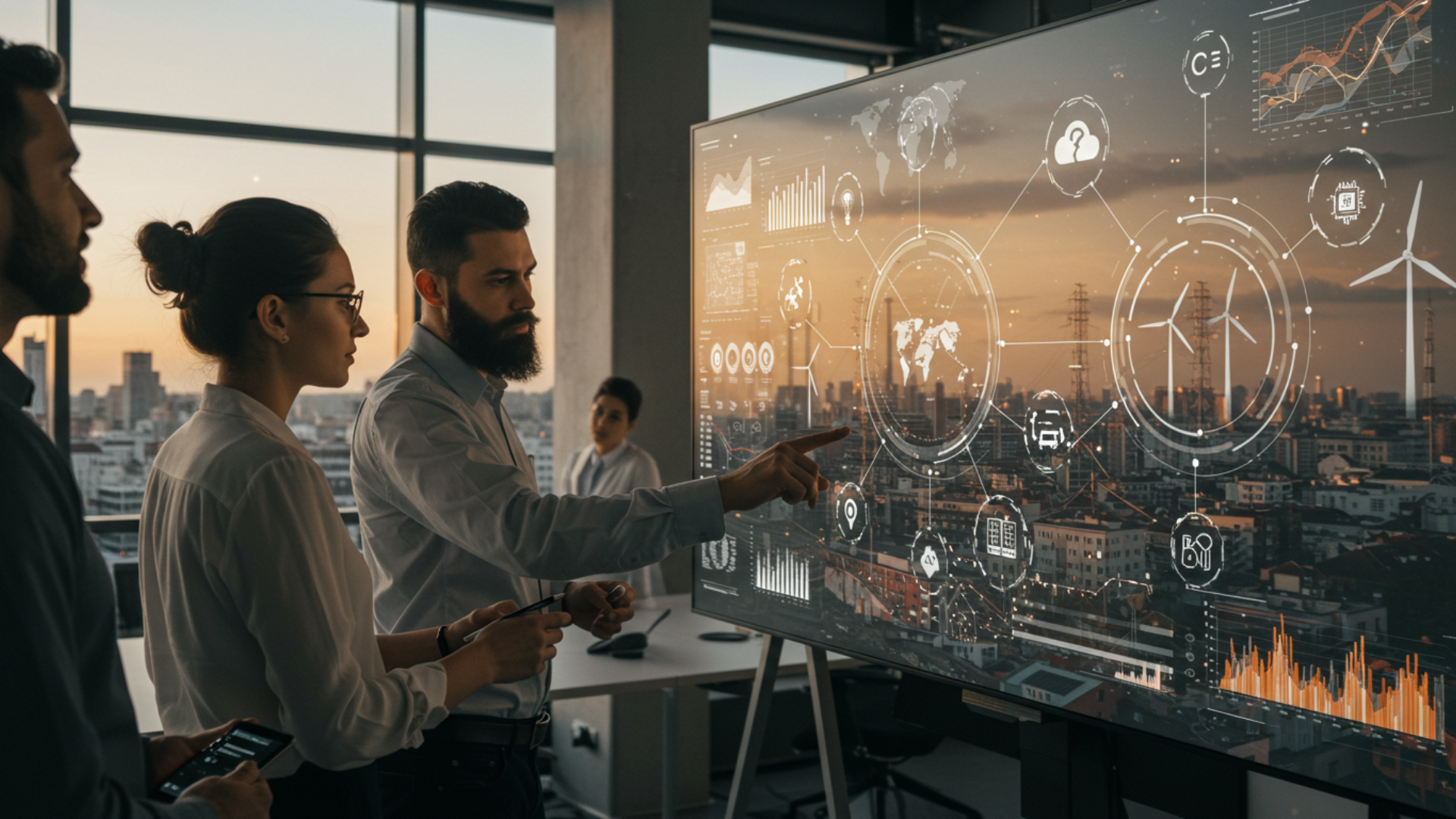 3 individuals interacting with a digital screen highlighting digital transformation for the energy sector