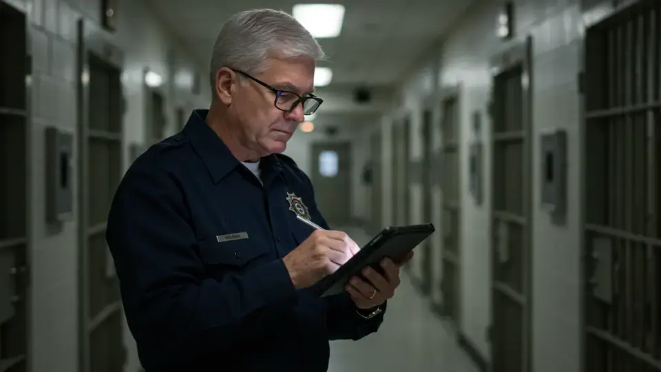 Correctional officer reviewing digital evidence in a prison hallway.