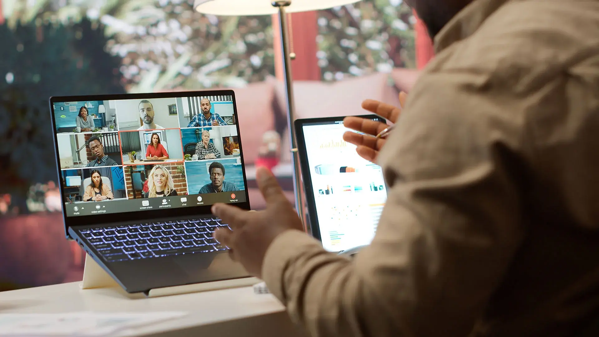 A video conference being held between several people on a big screen. These meetings can be stored and shared on an Enterprise Video Platform