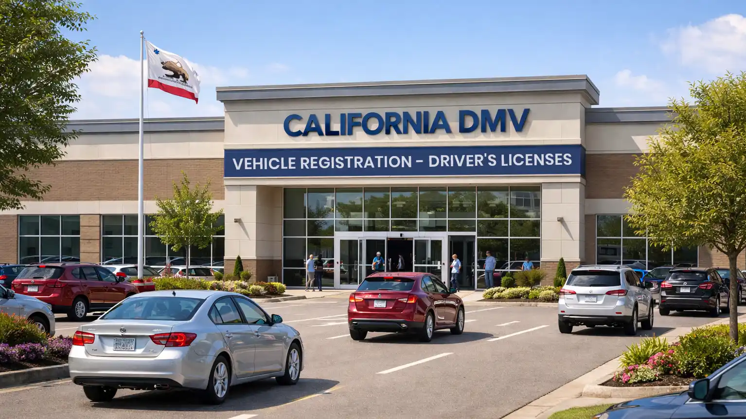 Exterior view of the California DMV headquarters, a modern building with large glass windows reflecting the sunset, surrounded by trees and open pathways and vehicles.