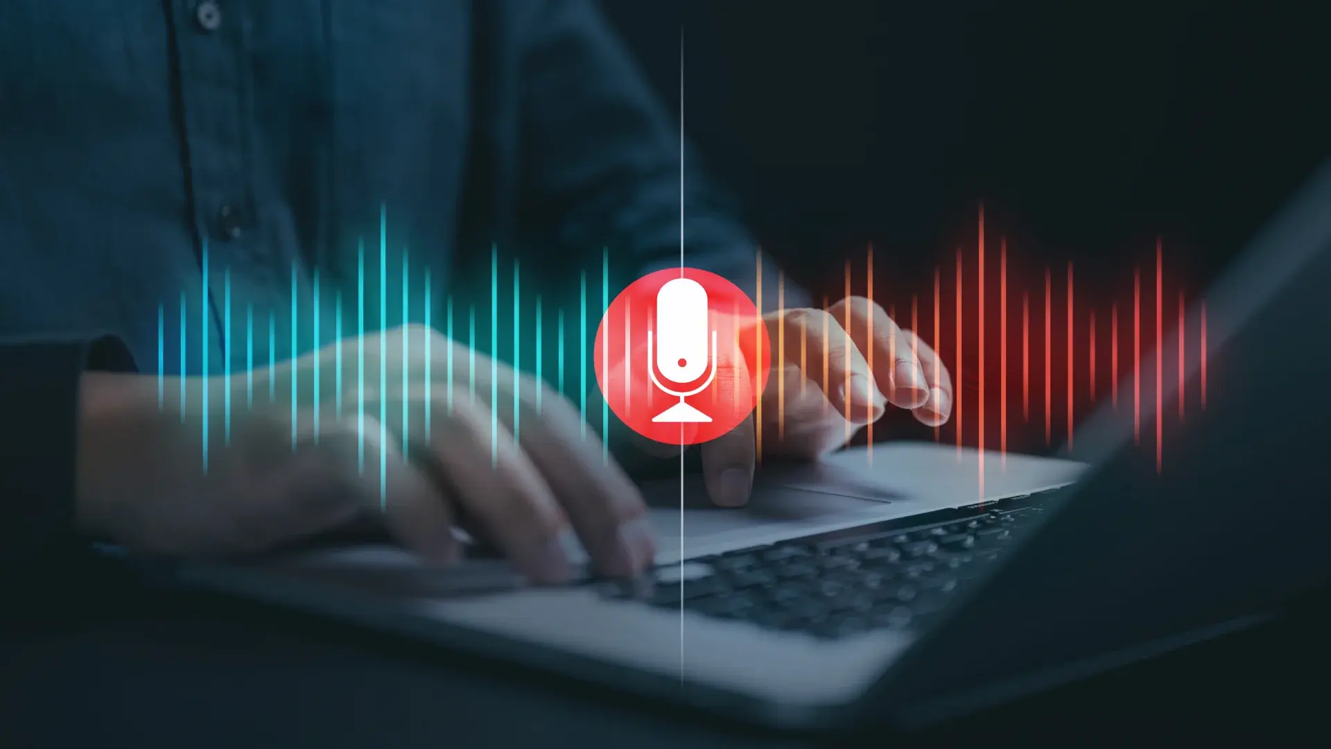 A person using a laptop with voice note logo in the middle.