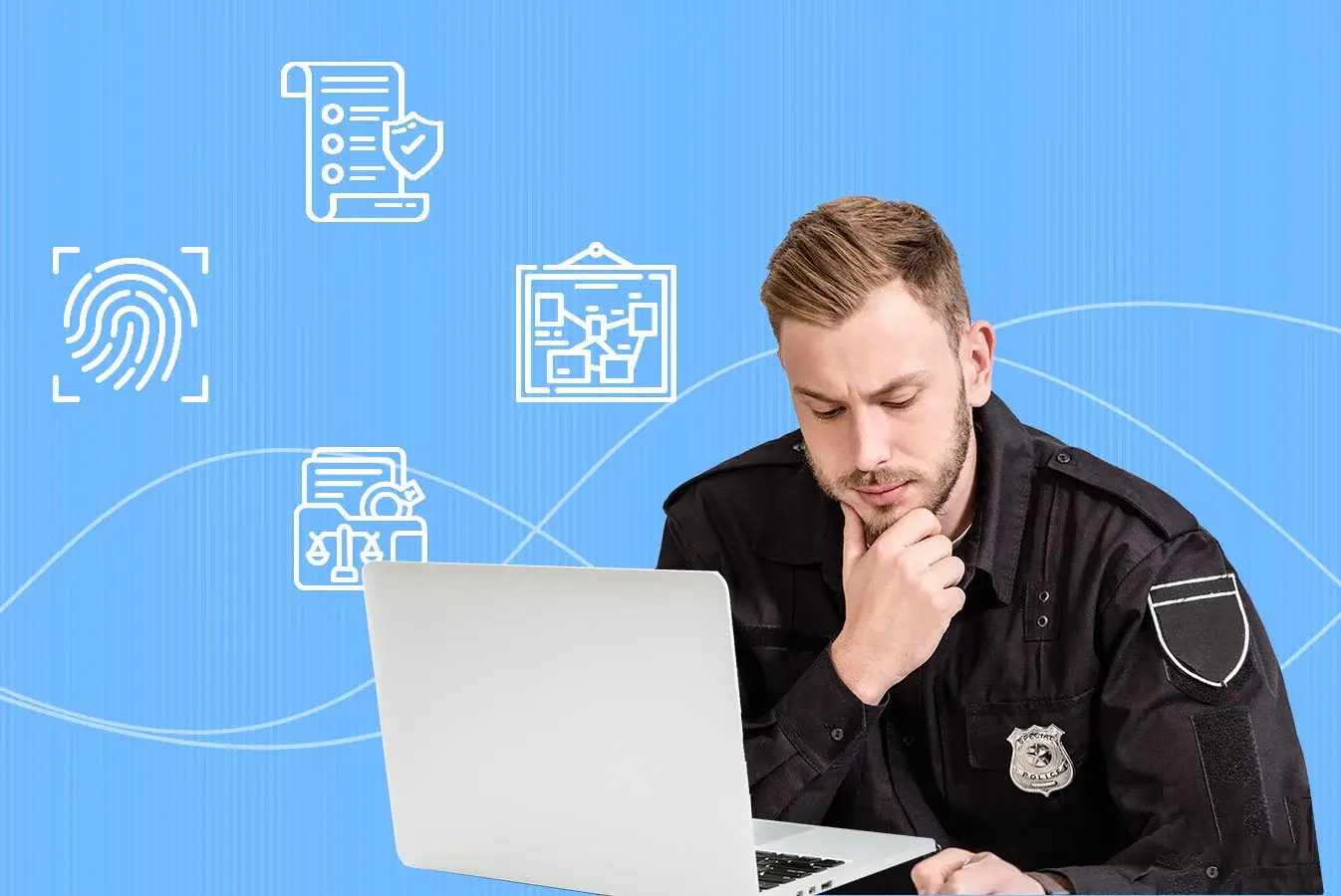 A police officer using Digital Evidence Management System on a laptop