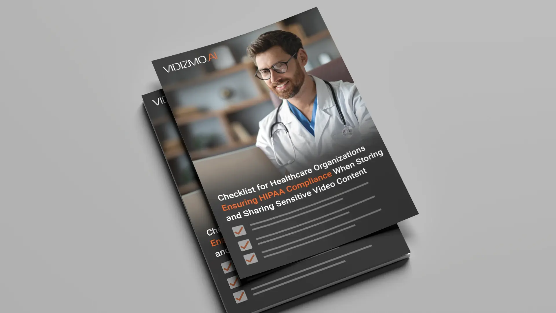 A booklet cover showing VIDIZMO’s checklist for healthcare organizations on ensuring HIPAA compliance when storing and sharing sensitive video content.
