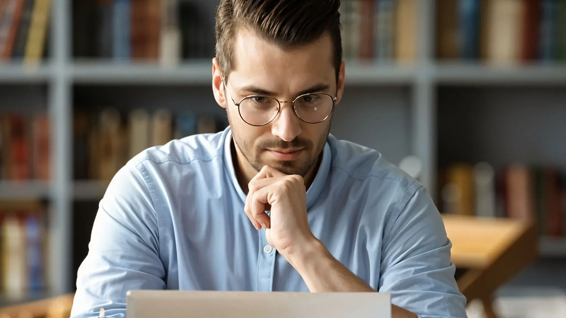 Man working on a system in a focused position, reading closed captions or subtitles