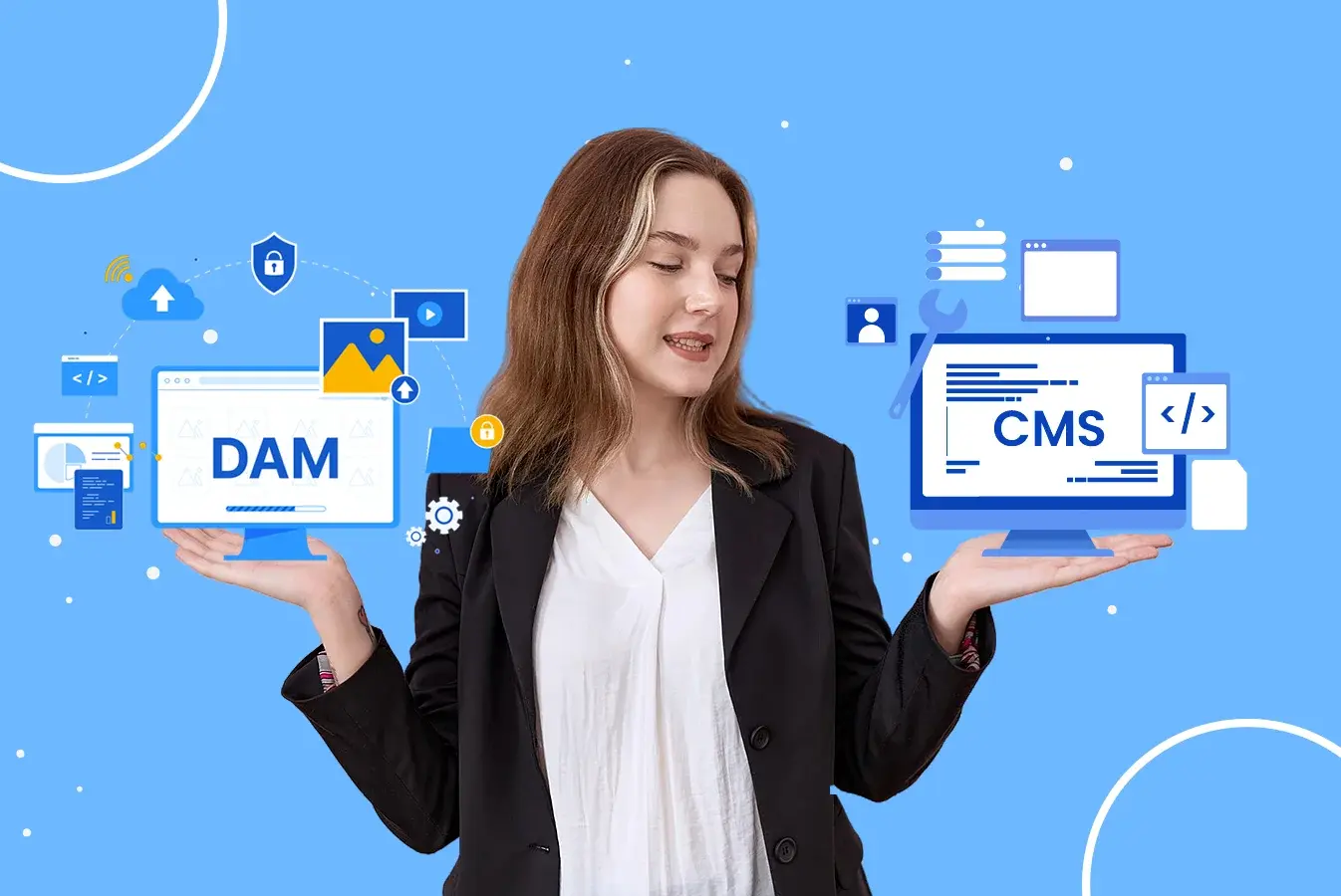 A woman holding two icons, DAM and CMS