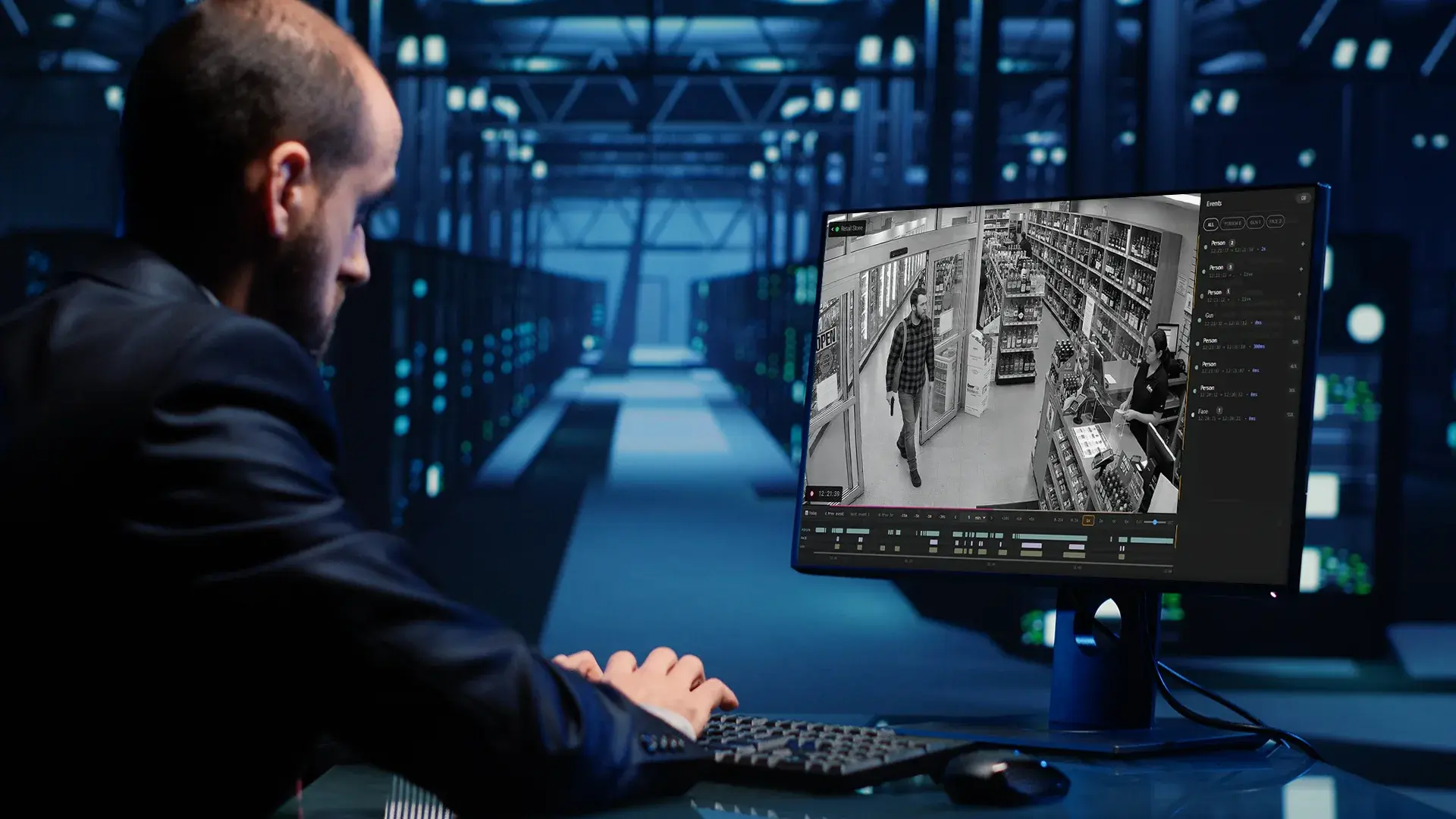 Analyst reviewing AI-powered video surveillance footage of a retail store with object and person detection events listed on screen.