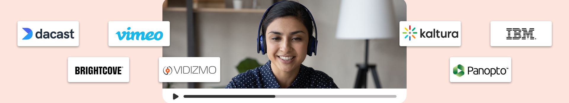 A woman with headphones on smiling with online video platform logos