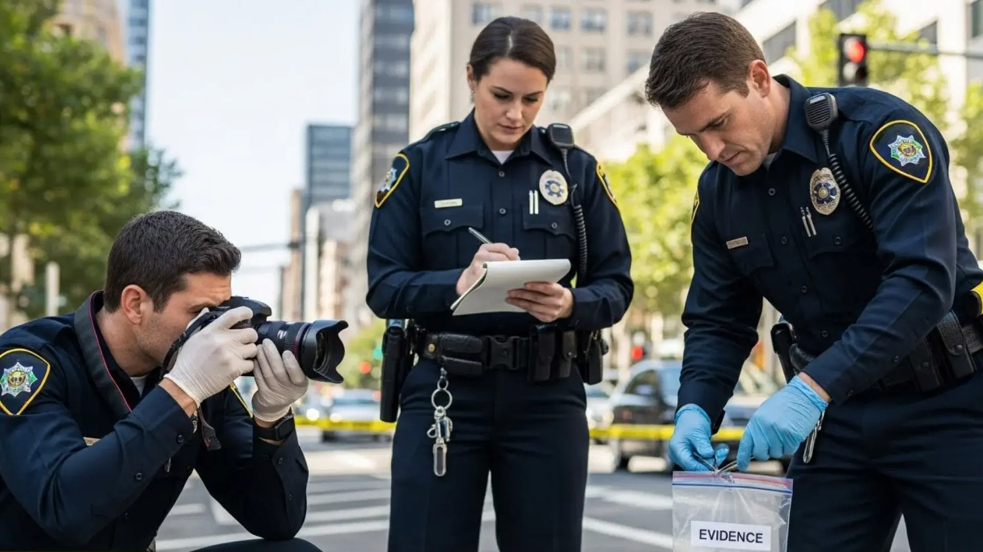 Police officers documenting a crime scene, collecting and photographing evidence on a city street