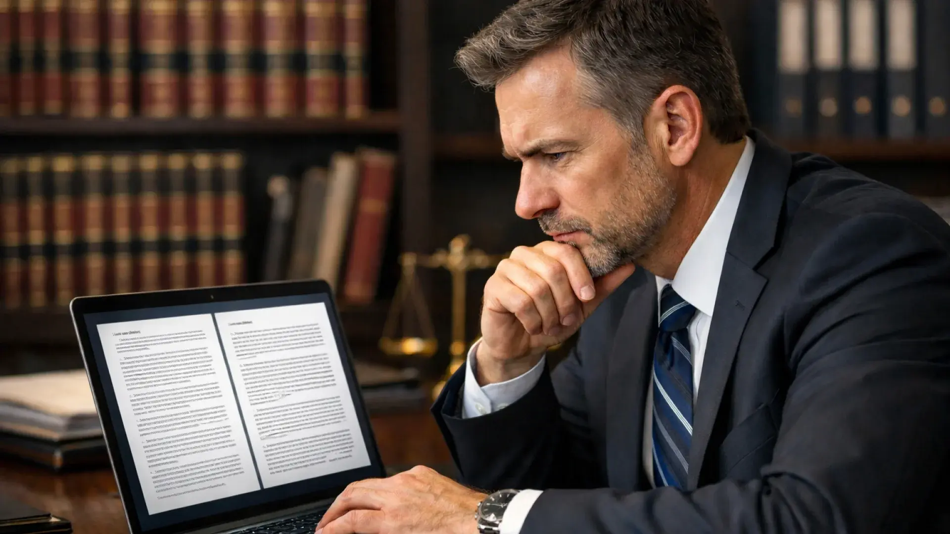 Attorney reviewing legal documents on a laptop in a law office