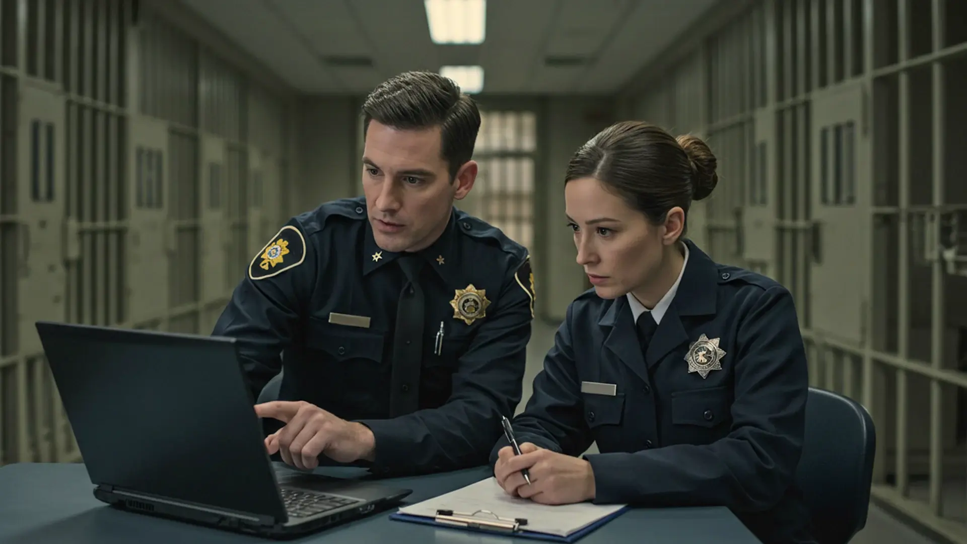 police officers sitting in a correctional facility