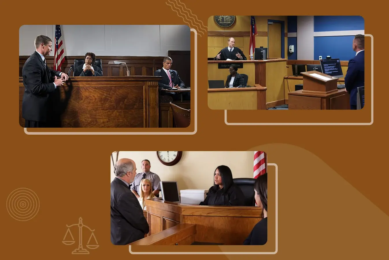 Courtrooms with lawyers and Judges