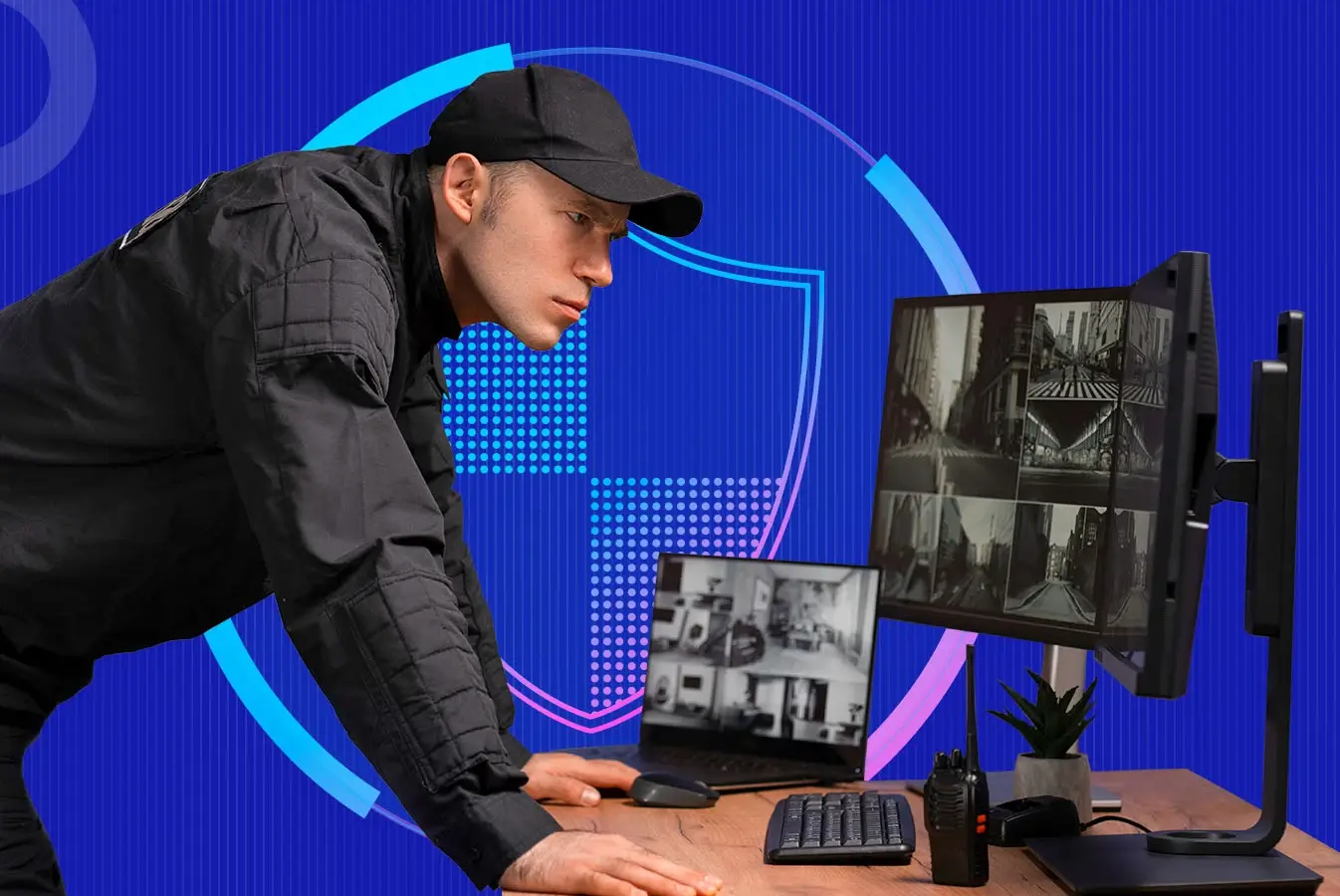 A security officer monitoring video surveillance 